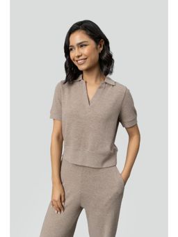 NeceSera - Beige Ottoman Rib Polo Top