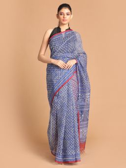 Indethnic - Blue Printed Super Net Saree with Unstitched Blouse