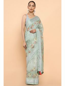 Soch - Women Green Linen Floral Saree with Unstitched Blouse