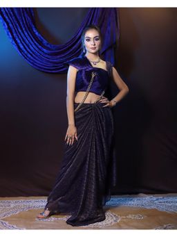 Payal Dawar - Navy Blue Bold Pre Draped Saree with Stitched Blouse