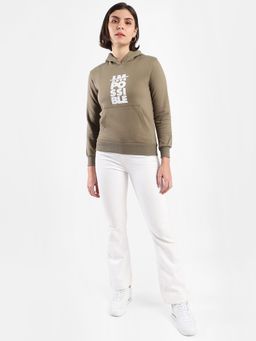 PINACOLADA - Women Olive Printed Regular Fit Sweatshirt with Hooded Neck for Winterwear