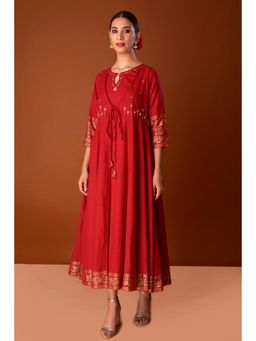 PINKSKY - Maroon Yoke Embroidered Kalidar Kurta with Jacket (Set of 2)