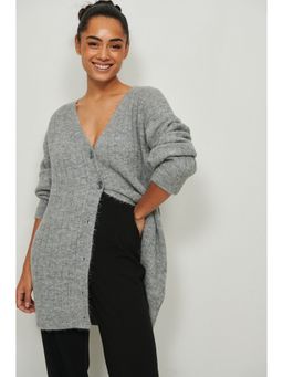 NA-KD - Ribbed Long V-neck Knitted Cardigan-grey Melange