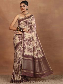 Libas - Beige Printed Saree with Unstitched Blouse