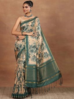 Libas - Beige Printed Saree with Unstitched Blouse