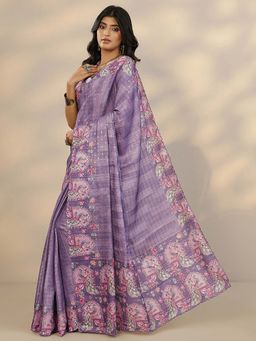 Libas - Purple Printed Saree with Unstitched Blouse