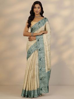 Libas - Cream Printed Saree with Unstitched Blouse