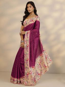Libas - Burgundy Printed Saree with Unstitched Blouse