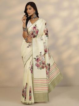 Libas - Cream Floral Saree with Unstitched Blouse