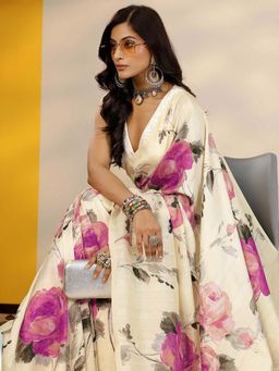 Libas - Cream Floral Saree with Unstitched Blouse