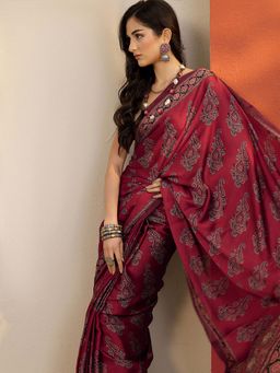 Libas - Red Printed Saree with Unstitched Blouse