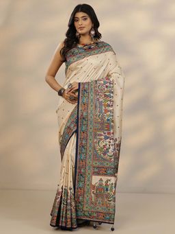 Libas - Beige Printed Saree with Unstitched Blouse