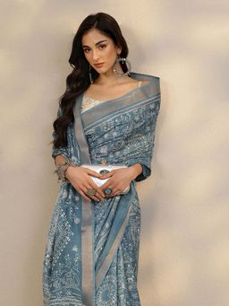 Libas - Blue Printed Saree with Unstitched Blouse