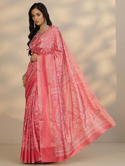 Libas - Coral Printed Saree with Unstitched Blouse