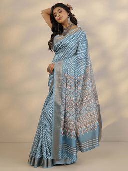 Libas - Blue Printed Saree with Unstitched Blouse