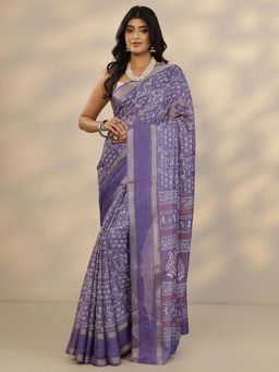Libas - Purple Printed Saree with Unstitched Blouse