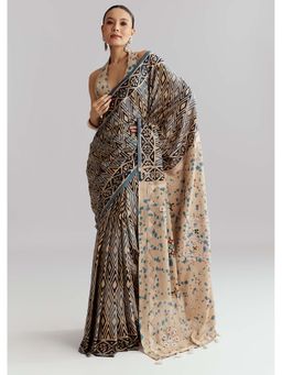 KALKI FASHION - Beige Printed Saree with Unstitched Blouse