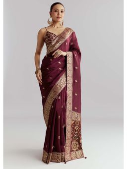 KALKI FASHION - Wine Woven Saree with Unstitched Blouse