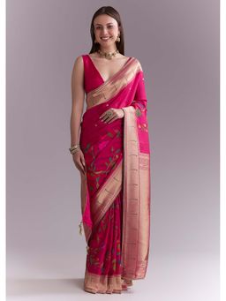 KALKI FASHION - Pink Woven Saree with Unstitched Blouse