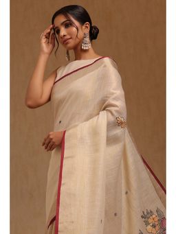 Soch - Beige Embroidered Saree with Unstitched Blouse