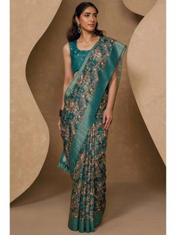 Soch - Teal Printed Saree with Unstitched Blouse