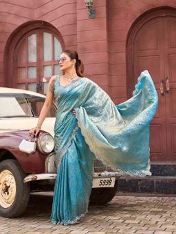 Tikhi Imli - Blue Embellished Saree with Unstitched Blouse