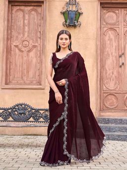 Tikhi Imli - Maroon Embellished Saree with Unstitched Blouse