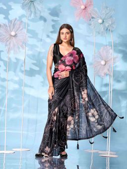 Tikhi Imli - Black Floral Saree with Unstitched Blouse