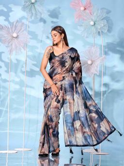 Tikhi Imli - Grey Floral Saree with Unstitched Blouse