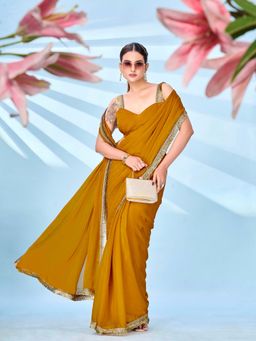 Tikhi Imli - Mustard Solid Saree with Unstitched Blouse