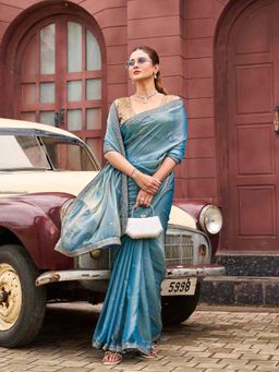 Tikhi Imli - Blue Embroidered Saree with Unstitched Blouse