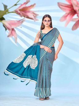 Tikhi Imli - Blue Printed Saree with Unstitched Blouse