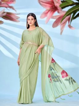 Tikhi Imli - Green Printed Kaftan Saree with Unstitched Blouse and Belt with Unstitched