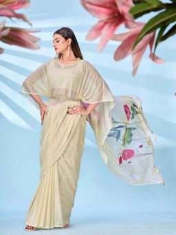 Tikhi Imli - Cream Printed Kaftan Saree with Unstitched Blouse and Belt with Unstitched