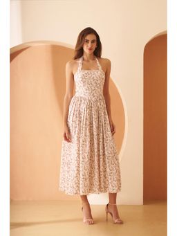 AMAGYAA - Cream Floral Print Halter Neck Midi Dress