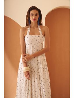 AMAGYAA - Cream Floral Print Halter Neck Maxi Dress