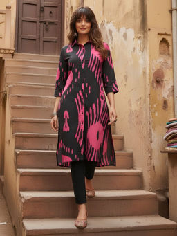Dora Dori - Black Ikat Printed Shirt Collar Kurta