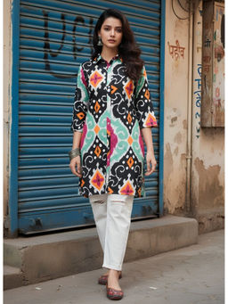 Dora Dori - Multi-Color Ikat Print Cotton Shirt Collar Kurta