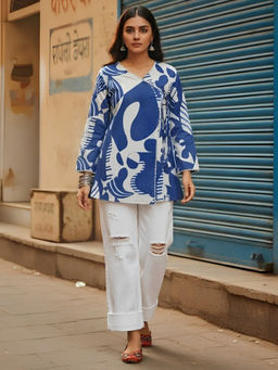 Dora Dori - Blue Cotton Angrakha Style with Lace Kurti