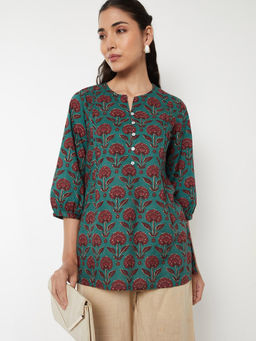 max - Women Teal Floral Print Straight Kurti