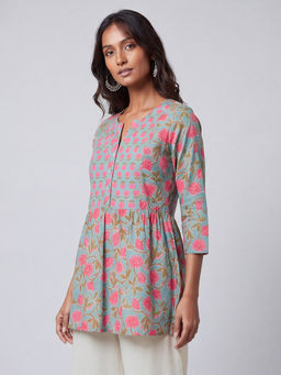 max - Women Grey Floral Print A-Line Kurti