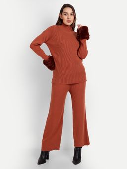 IKI CHIC - Rust Knitted Trousers & Sweater with Chinchilla Fur Cuffs (Set of 2)