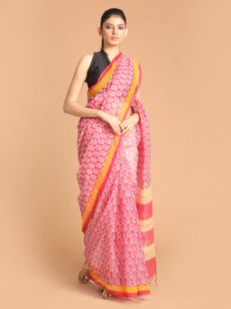 Indethnic - Pink Printed Super Net Saree with Unstitched Blouse