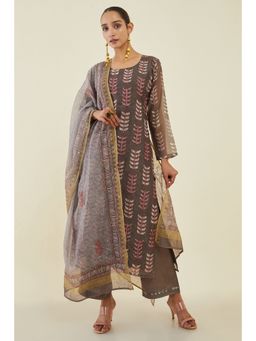 Soch - Women Brown Chanderi Printed Dress Material (Set of 3)