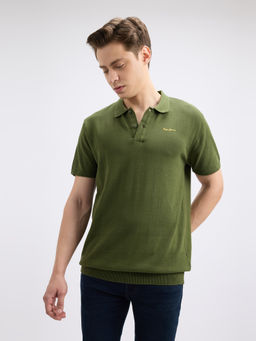 Pepe Jeans - Men's Green Flat Knit Polo T-Shirt