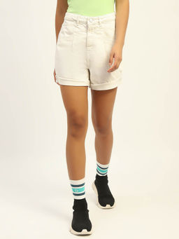 Madame - Mid Rise Distressed White Denim Shorts
