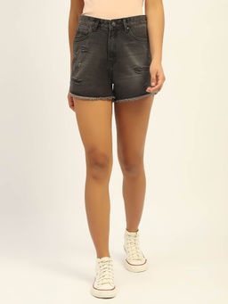 Madame - Mid Rise Distressed Black Denim Shorts