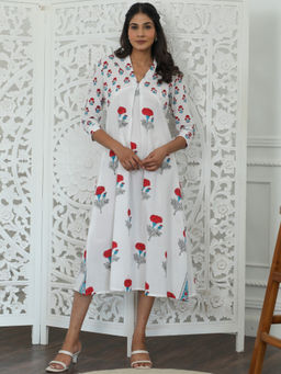 Sooti Syahi - Women White Floral Printed Pure Cotton Dress