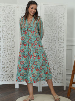 Sooti Syahi - Women Green Floralix Azofree Floral Printed Pure Cotton Dress