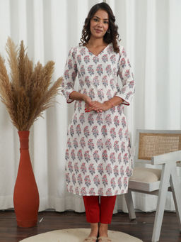 Sooti Syahi - Women White Floral Printed Pure Cotton Kurta